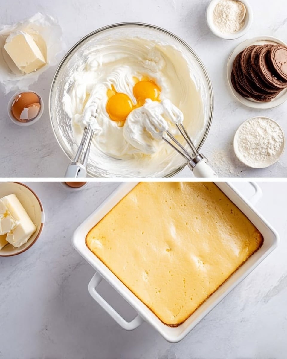 On the left side, there is a clear glass bowl on a white marbled surface filled with a creamy mixture showing layers of smooth white cream, two yellow egg yolks, and white foam on top. Two metal beaters from a white electric mixer are inside the bowl, partially covered in the mixture. Around the bowl, there are various baking items including a small square of butter, a small bowl of white powder, and a plate with stacked dark round cookies. On the right side, there is a white square baking dish with handles, placed on the same white marbled surface, filled with a light yellow smooth batter spread evenly to the edges with a slightly puffy, baked texture. Photo taken with an iphone --ar 4:5 --v 7