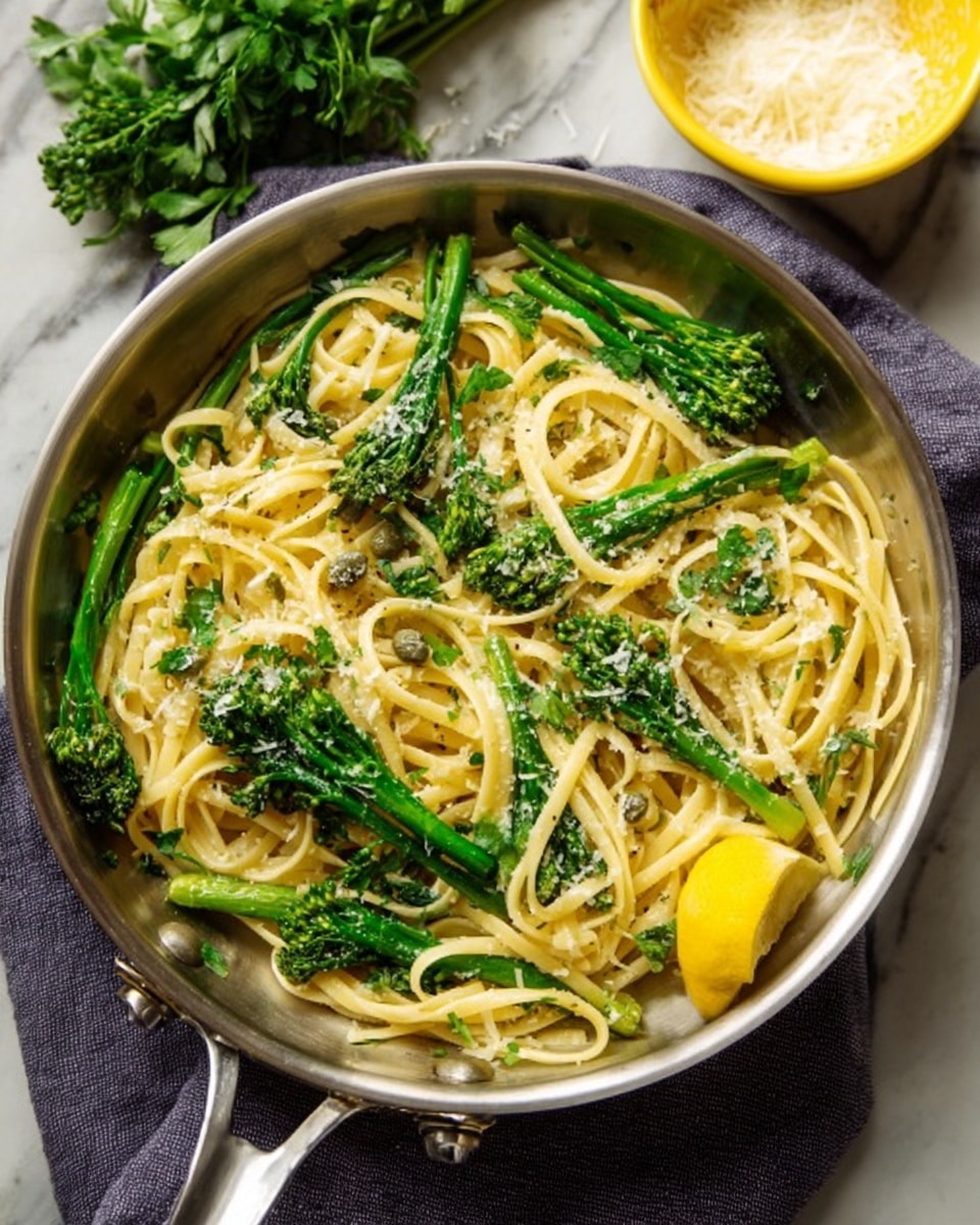 A shiny metal pan filled with long light yellow pasta noodles mixed with bright green broccolini. The broccolini stems and florets are spread evenly throughout the noodles. Small green capers are scattered on top, along with fresh green parsley leaves. A wedge of yellow lemon rests on the right side of the pan. The pan sits on a gray cloth on a white marbled surface. In the background, a small yellow bowl filled with grated white cheese is visible along with a bunch of green herbs photo taken with an iphone --ar 4:5 --v 7