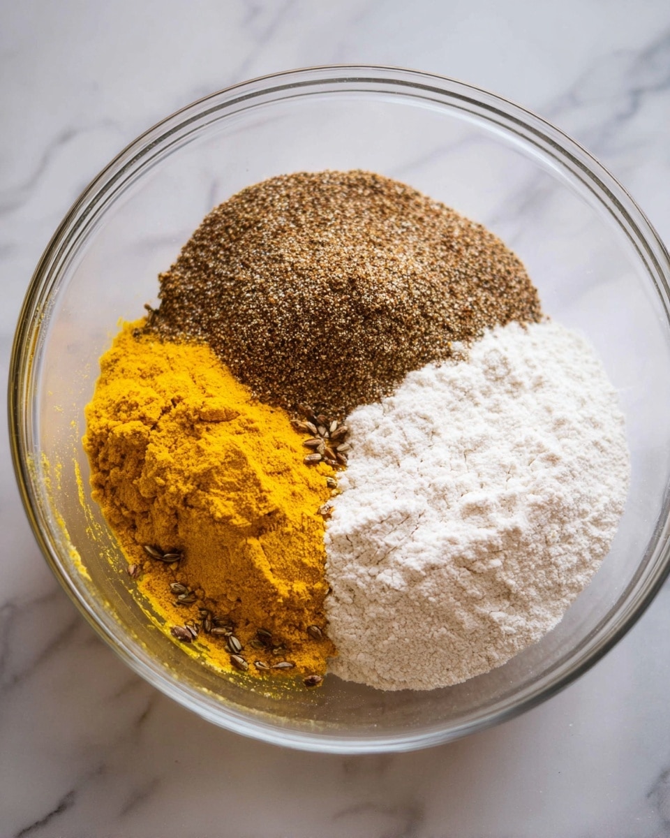 A clear glass bowl sits on a white marbled surface, inside it are three separate piles of ingredients. On the right, there is a large mound of white flour with a soft, powdery texture. On the top left, a heap of finely ground dark brown spice or seed mix with specks of lighter brown creates a rough, grainy layer. Below this pile, a bright yellow-orange mixture with a wet, slightly chunky texture fills the bottom left section of the bowl. Some small brown bits are scattered inside the yellow mixture, adding contrast. Photo taken with an iphone --ar 4:5 --v 7