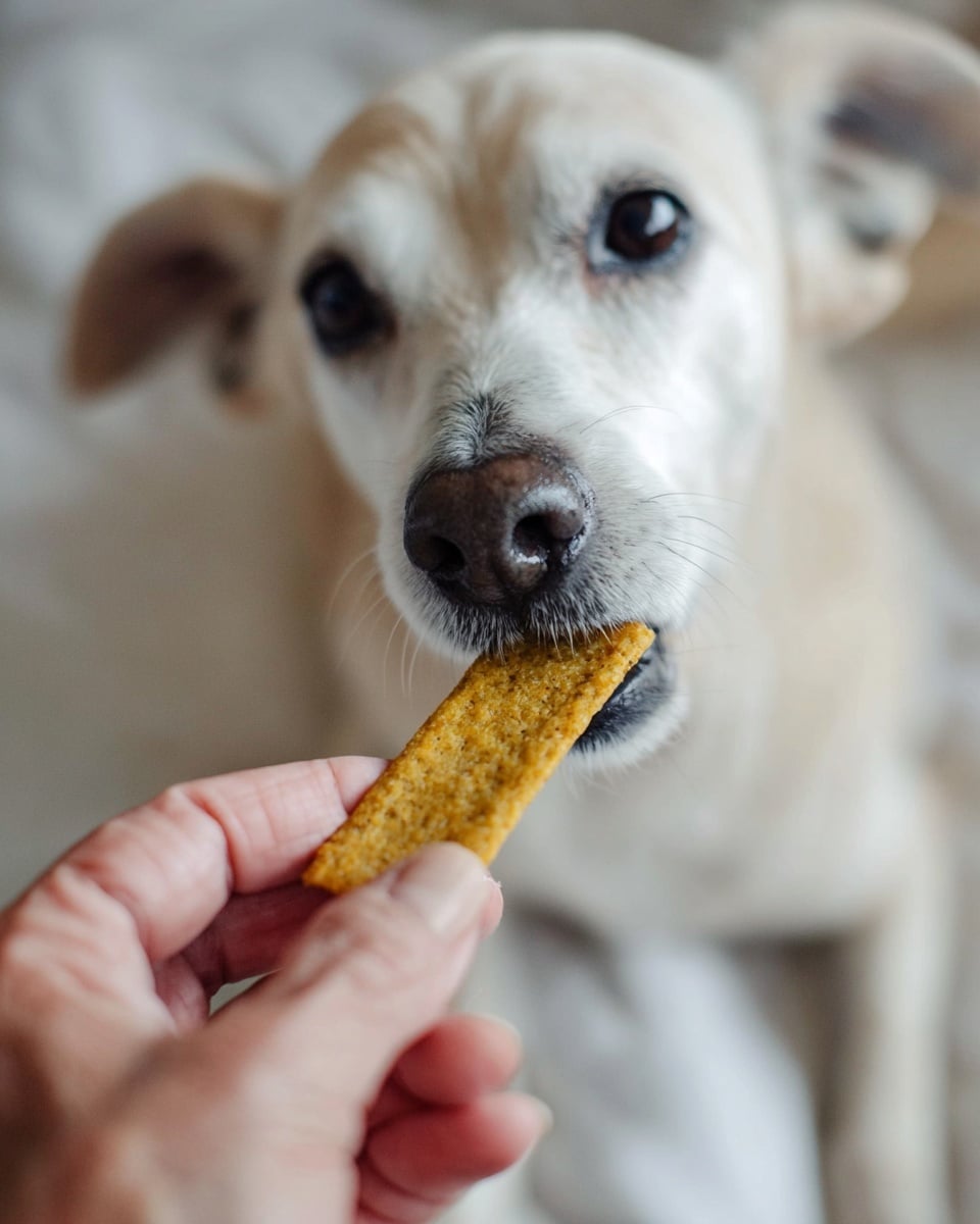 A close-up image showing a woman's hand holding a rectangular, yellowish-brown textured dog treat being gently taken by a light-colored dog with black eyes and nose. The background is soft and blurred with a white marbled texture, focusing on the interaction between the woman's hand and the dog's mouth. Photo taken with an iphone --ar 4:5 --v 7