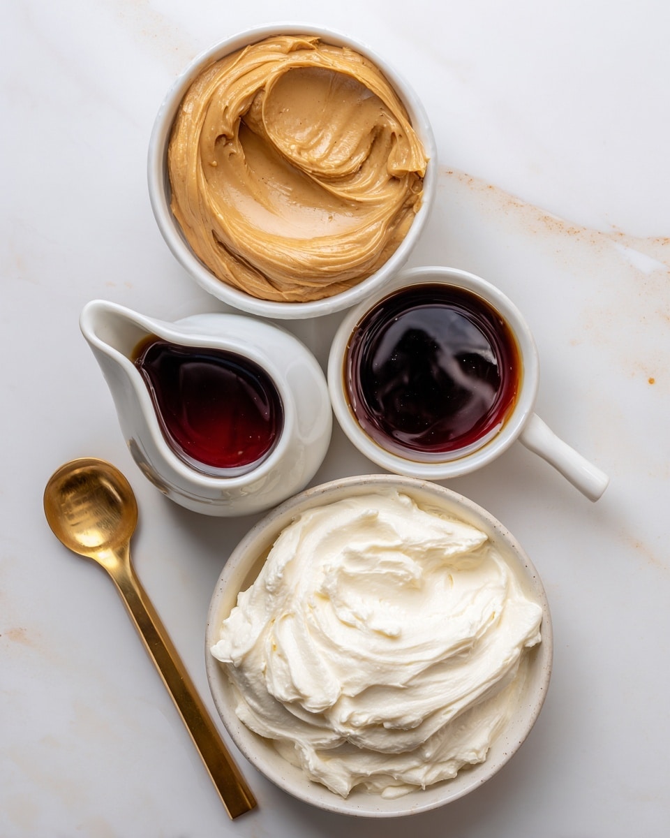 The image shows four ingredients arranged vertically on a white marbled surface. At the top, there is a white bowl filled with smooth, light brown peanut butter that has a creamy texture with some small swirls. Below it, a small white pitcher holds dark, glossy maple syrup with a shiny surface. Next, a golden measuring spoon with vanilla extract, dark brown and shiny, sits horizontally. At the bottom, a large white bowl contains thick, plain full-fat Greek yogurt with a creamy, soft texture and smooth swirls on the surface. Photo taken with an iphone --ar 4:5 --v 7