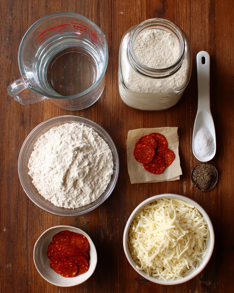 The image shows seven ingredients placed on a wooden table with a simple top-down view. There is a clear glass measuring cup filled with water on the top left, and to its right, a glass jar with a metal lid containing sourdough starter. Below the water, a clear glass bowl holds white bread flour, and next to it on the right, a white measuring spoon with dark pizza seasoning is placed. To the right of the spoon, there is a small paper with bright red pepperoni pieces. Below the bread flour, a small clear container has white kosher salt, and on the bottom right, a white bowl is filled with a mix of shredded mozzarella and parmesan cheese. Photo taken with an iphone --ar 4:5 --v 7