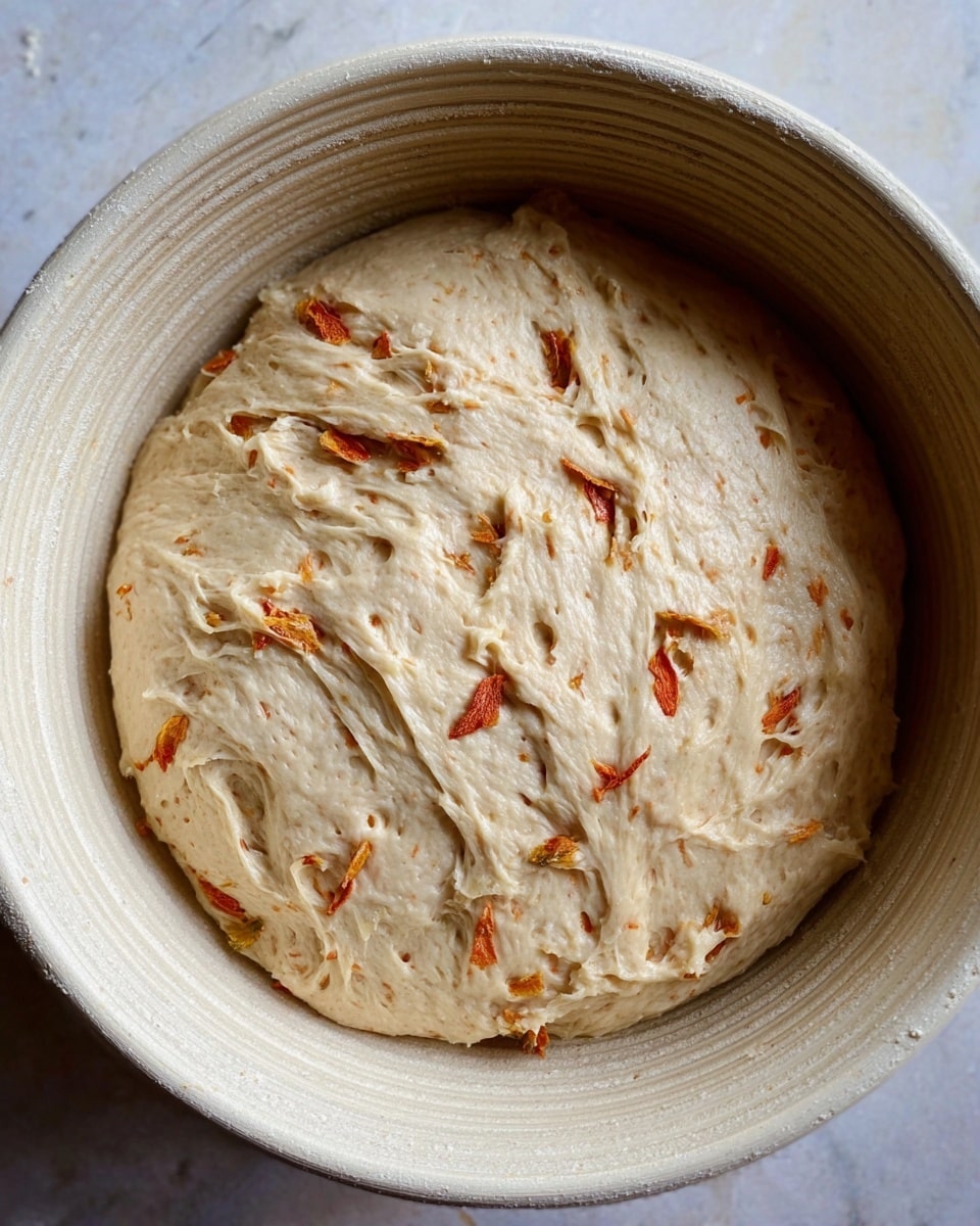 A close-up view of a round dough resting inside a ridged, white bowl, placed on a white marbled surface. The dough is light beige with a soft, slightly sticky texture, showing some uneven creases and folds on top. Scattered within the dough are small, thin pieces of reddish-orange ingredients embedded lightly, adding color contrast. The bowl's circular shape frames the dough neatly, emphasizing its round, puffy form. Photo taken with an iphone --ar 4:5 --v 7