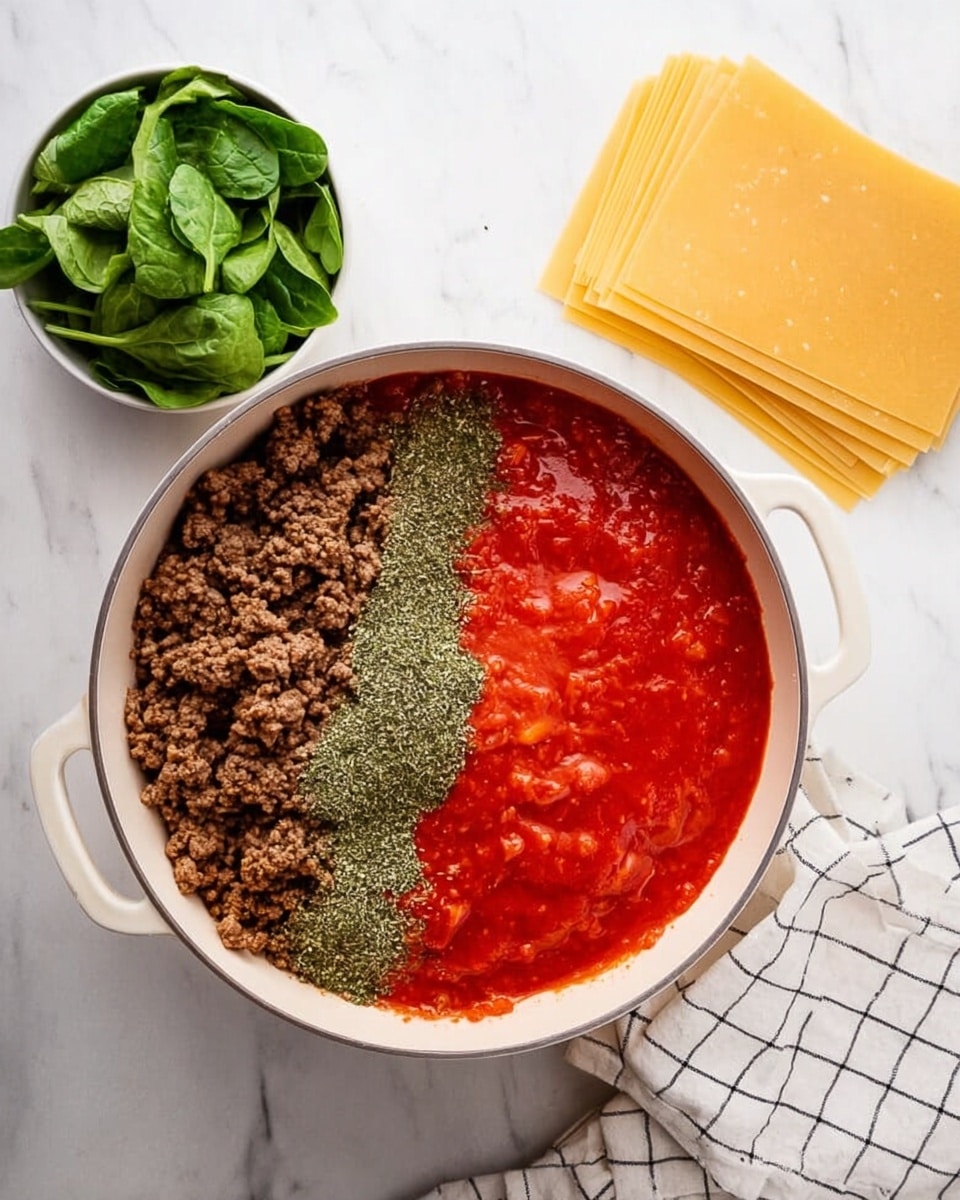 A white pan sits on a white marbled surface, filled with three clear sections: a large bright red tomato sauce covering nearly half the pan on the left side, cooked ground meat with a brown color on the right side, and a pile of green dried herbs on top of the meat near the center. To the left of the pan is a small white bowl filled with fresh, vibrant green spinach leaves, and to the right is a stack of yellow uncooked lasagna sheets. A white kitchen towel with a black grid pattern is placed to the right side of the pan. photo taken with an iphone --ar 4:5 --v 7