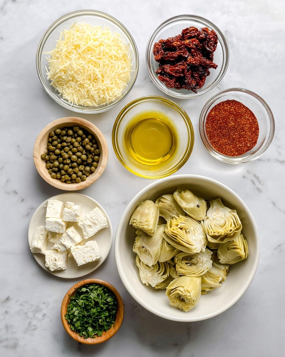 The image shows eight small white bowls placed on a white marbled surface, each filled with different ingredients. Starting from the bottom left, a large white bowl is full of pale yellow artichoke hearts. Above it to the right, a small white bowl holds sun-dried tomatoes in dark red tones. Next, a clear glass bowl contains golden olive oil. Above that, a clear glass bowl is filled with light yellow grated Parmesan cheese. To the left, a small white bowl has green capers. Above it, a small wooden bowl contains bright green chopped parsley. To the left, a clear glass bowl holds two spices: red paprika and dried oregano. Lastly, a white plate on the left side has crumbled white feta cheese broken into pieces. All bowls and plate are neatly arranged around the artichoke hearts in a bright setting. Photo taken with an iphone --ar 4:5 --v 7