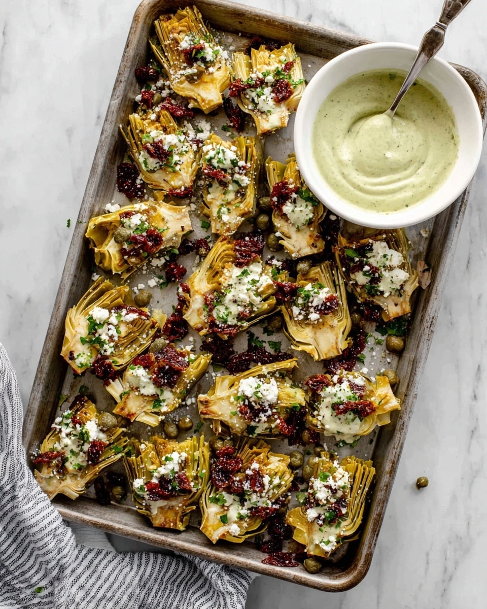 A metal tray filled with many small roasted artichoke pieces, each topped with white crumbled cheese, dark red sun-dried tomato bits, green capers, and small sprinkles of chopped green herbs, creating a colorful, textured look. In the upper right corner of the tray is a white bowl filled with a creamy light green sauce with a spoon inside. The tray is on a white marbled surface with a striped cloth at the bottom left corner. photo taken with an iphone --ar 4:5 --v 7