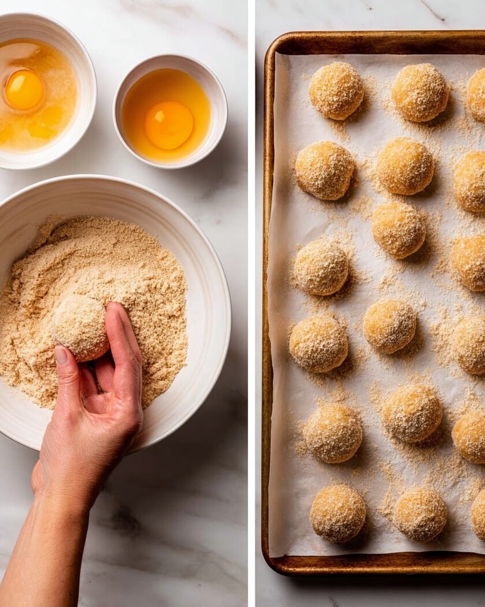 The image shows two scenes side by side. On the left, a woman’s hand is holding a round dough ball covered in light brown crumbs over a white bowl filled with the same crumbs, next to another white bowl with beaten orange eggs. The dough ball is being coated with crumbs. The surface beneath is white marbled. On the right, a baking tray lined with parchment paper holds many crumb-coated dough balls arranged neatly in rows, all light brown with a slightly rough texture on the surface. The tray also rests on a white marbled surface. photo taken with an iphone --ar 4:5 --v 7
