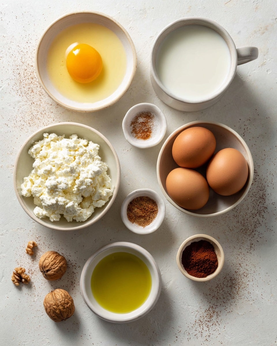 The image shows several white bowls and a white cup arranged on a white marbled surface. In the top left is a white bowl holding one raw egg with a bright yellow yolk and clear whites. Next to it on the right is a white cup filled with white milk. Below the eggs in the center right is a white bowl holding three brown eggs. To the left of that is a white bowl filled with white cottage cheese textured with small curds. Below the cottage cheese is a white bowl with a greenish-yellow layer of olive oil, smooth and shiny. In the middle, small white dishes with light brown and dark reddish-brown spices are shown. Three whole walnuts are placed near the egg bowls, adding texture and warm brown colors. The surface is faintly sprinkled with fine spices, giving a slightly rustic look. Photo taken with an iphone --ar 4:5 --v 7