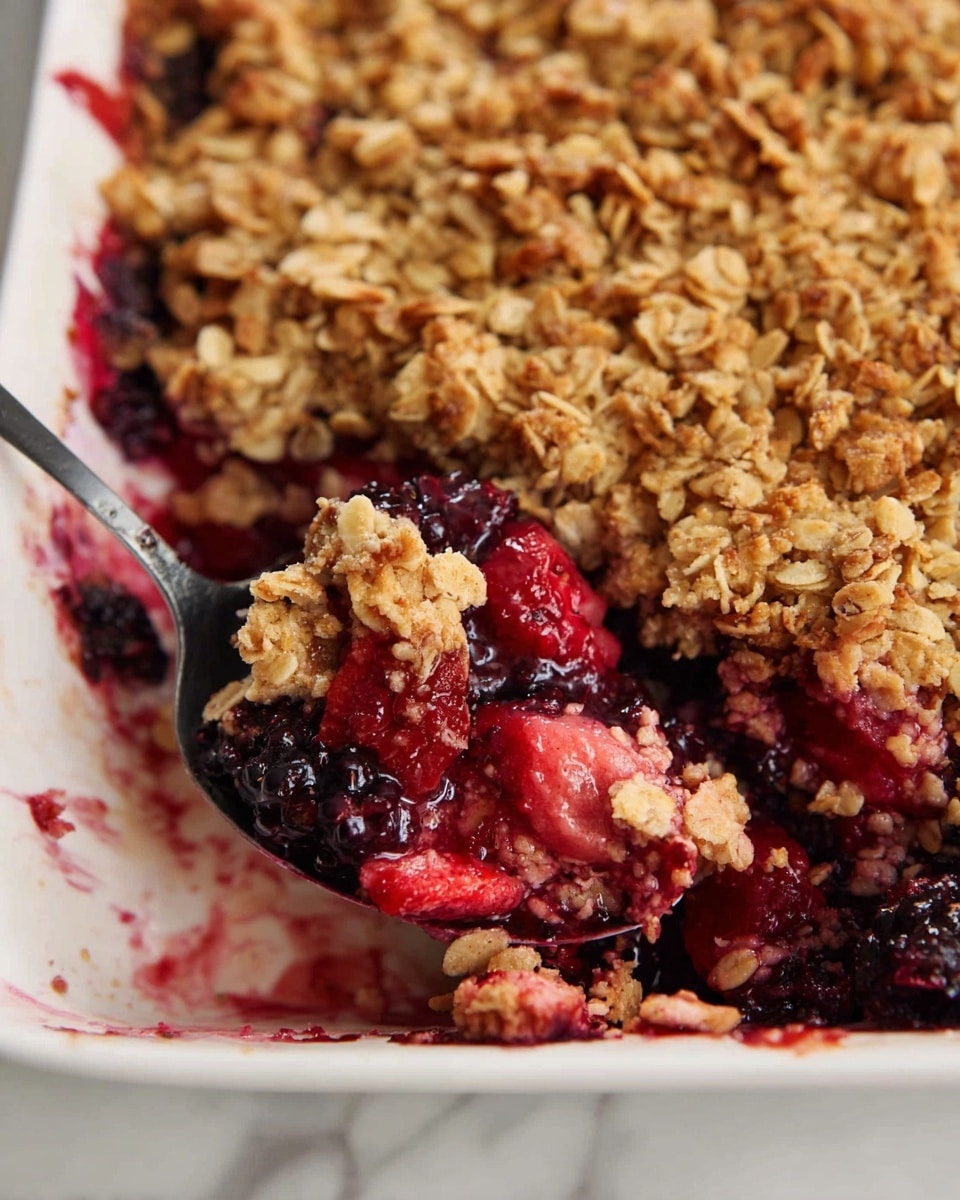 A close-up view of a white dish filled with a layered berry crumble. The bottom layer shows a mix of juicy, red and dark purple berries, soft and slightly cooked. On top is a thick layer of golden brown oat crumble, crunchy and textured with visible oats and nuts. A spoon is scooping some of the crumble and berries, showing the contrast of the soft fruit and crispy topping. The dish sits on a white marbled surface. Photo taken with an iphone --ar 4:5 --v 7