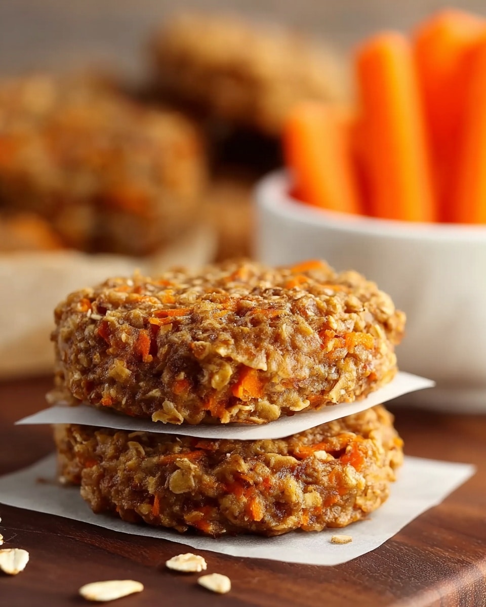 The image shows two round oatmeal cookies stacked on top of each other, separated by square pieces of white parchment paper. The cookies look soft and thick, with visible bits of orange carrot and oats mixed throughout. The surface they rest on is a dark brown wooden board, and in the blurry background, there is a white bowl with bright orange carrot sticks and some more cookies. The photo taken with an iphone --ar 4:5 --v 7