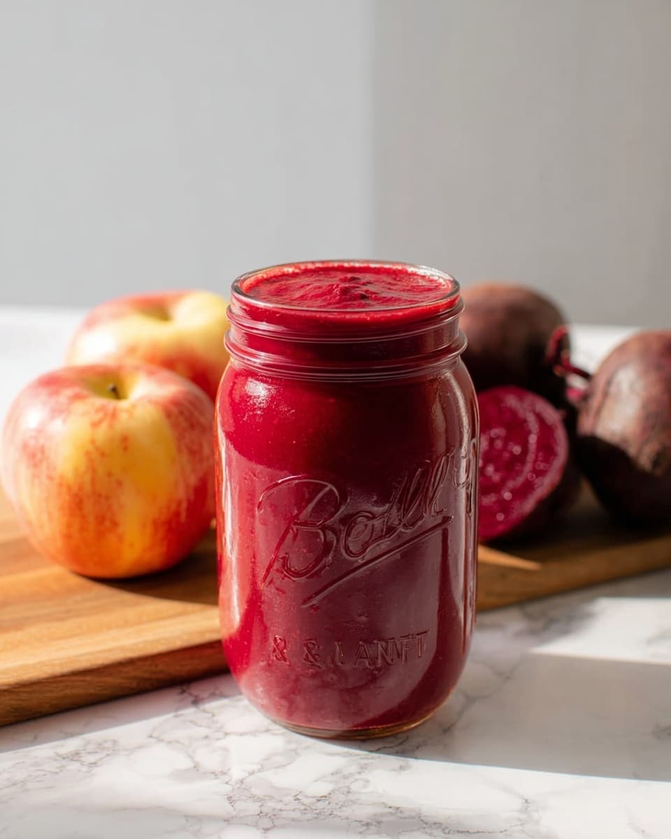 A clear glass jar filled with a thick, deep red puree sits on a wooden board. The jar has embossed text on the front and is filled to the top with the puree, which has a smooth texture with some small lumps visible. Around the jar, there are two whole apples with red and yellow skin and a dark red beet, all resting on a white marbled surface. The scene is bright with soft natural light coming from the left, creating gentle shadows. photo taken with an iphone --ar 4:5 --v 7