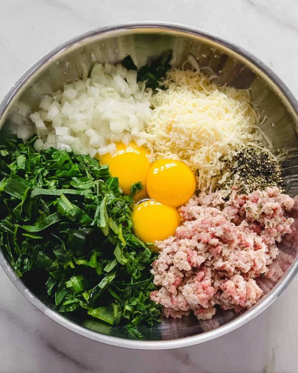 A round silver bowl sits on a white marbled surface and is filled with several ingredients arranged in groups. In the bowl, on the left side, there are bright green leafy vegetables, next to them is a mix of white chopped onions and minced garlic. On the upper right, there is shredded cheese with small black specks on it. Below the cheese, there are two raw yellow egg yolks, and to the left of them, there is a light pink minced meat mixture. The ingredients cover the bowl evenly without mixing. photo taken with an iphone --ar 4:5 --v 7