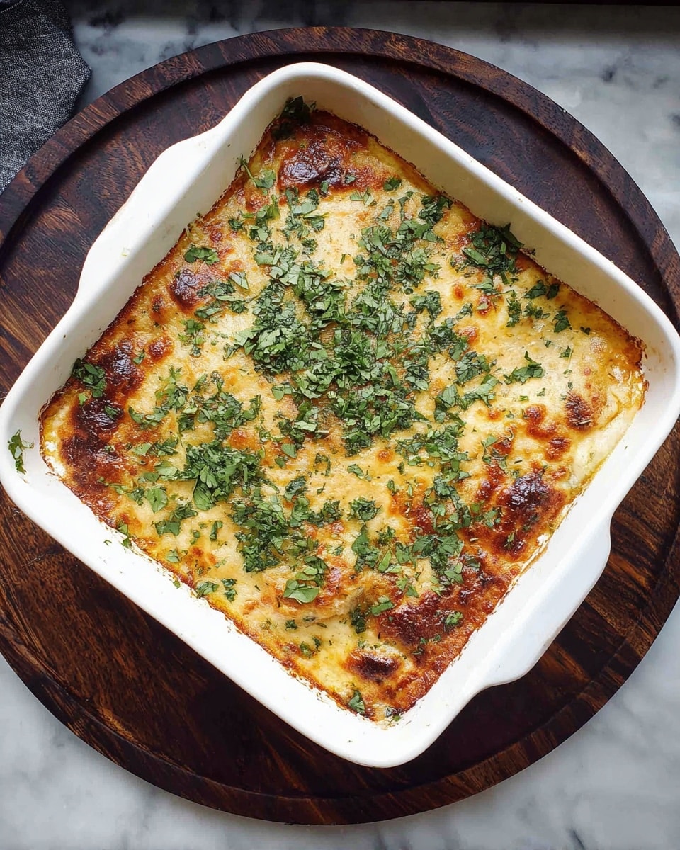 A square white baking dish holds a baked layered dish with a top golden-brown layer that looks creamy and slightly crispy around the edges. The top is covered with an even layer of finely chopped green herbs, adding a fresh contrast to the golden surface. The dish sits on a dark wooden round tray with black metal trim, all placed on a white marbled surface. The baked dish has about two visible layers: the creamy sauce layer on top and the browned, slightly textured cooked layers underneath. photo taken with an iphone --ar 4:5 --v 7