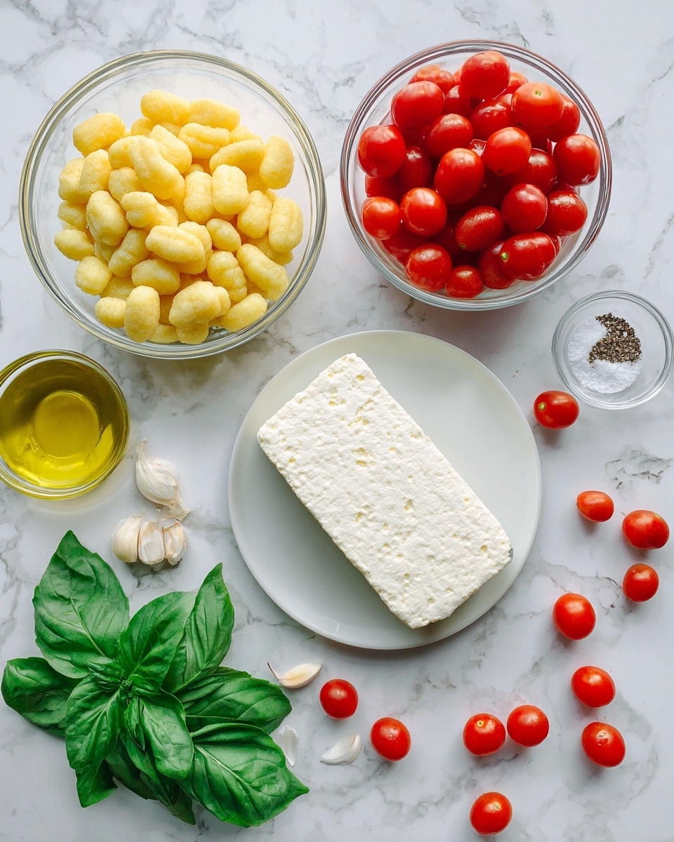 The image shows a flat lay of fresh ingredients on a white marbled surface. At the center bottom is a white plate holding a block of crumbly white cheese. In the top left, a clear bowl is filled with pale yellow gnocchi, and next to it on the top right, another clear bowl holds bright red grape tomatoes. Scattered around are fresh green basil leaves, whole garlic cloves, a small clear bowl with salt and pepper, and a glass container filled with golden olive oil. A few grape tomatoes are also placed loosely on the surface. photo taken with an iphone --ar 4:5 --v 7