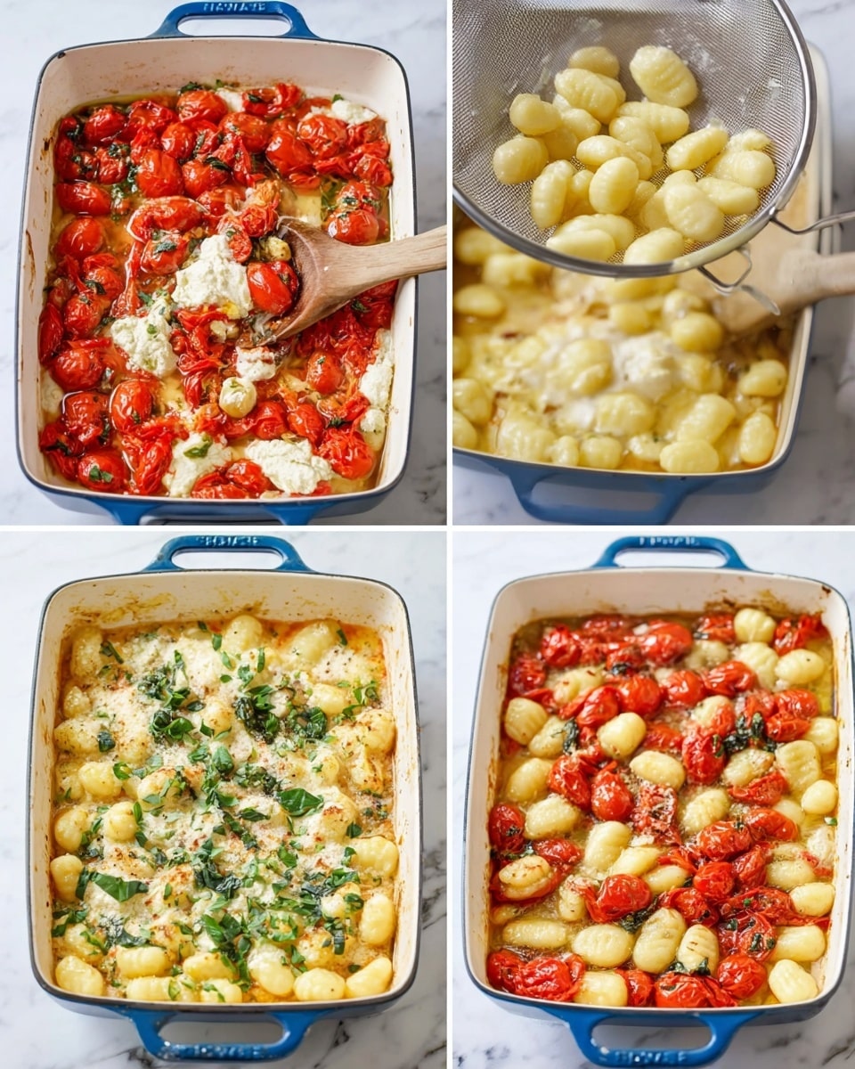 A white rectangular dish filled with gnocchi and roasted cherry tomatoes in a creamy sauce. The first layer shows bright red roasted cherry tomatoes mixed with white creamy cheese and green basil leaves, all in a yellow oily sauce. The second layer adds pale yellow gnocchi being poured onto the tomato mixture. The third layer shows the gnocchi mixed evenly with the tomatoes and cheese, with a woman's hand holding a wooden spoon stirring the mixture. The last layer shows the dish fully combined and cooked, with the yellow gnocchi, red tomatoes, white creamy cheese, and scattered green basil leaves, all resting on a white marbled surface. photo taken with an iphone --ar 4:5 --v 7