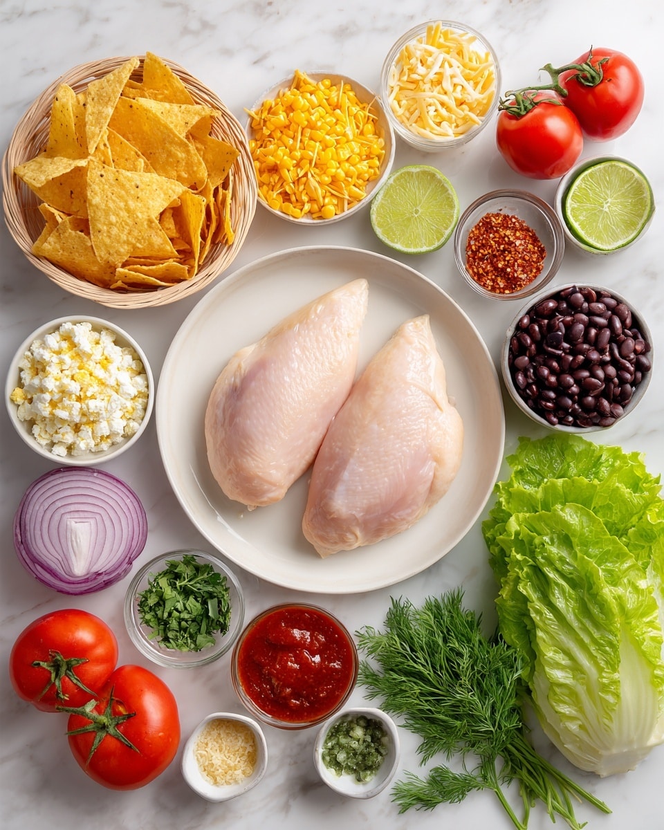 A top-down view shows two raw chicken pieces placed on a white plate in the center. Around the plate, multiple small white bowls display various ingredients: bright yellow corn, white cottage cheese, light brown honey, shredded cheddar cheese in orange-yellow, black beans, red taco seasoning powder, light green chopped dill, green romaine leaves, and some salt crystals. Next to these are whole fresh tomatoes with red onion halves, a small bowl of lime juice, green cilantro, and a bowl of red chipotle sauce. A basket full of tortilla chips is in the upper left corner, all set on a white marbled surface. photo taken with an iphone --ar 4:5 --v 7
