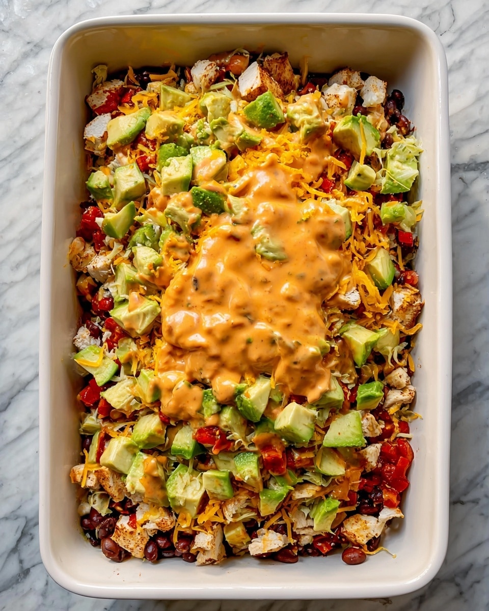 A white rectangular baking dish filled with a colorful layered dish. The bottom layer is a mix of black beans and chopped red tomatoes. On top of that is a layer of shredded yellow cheddar cheese scattered unevenly. Above the cheese lies a thick layer of white diced cooked chicken pieces, some with slight brown grilled marks. Bright green chunks of fresh avocado are distributed evenly throughout the dish. Covering the center is a thick, creamy orange sauce spread loosely over the chicken and avocado layers. The dish is set on a white marbled surface. photo taken with an iphone --ar 4:5 --v 7