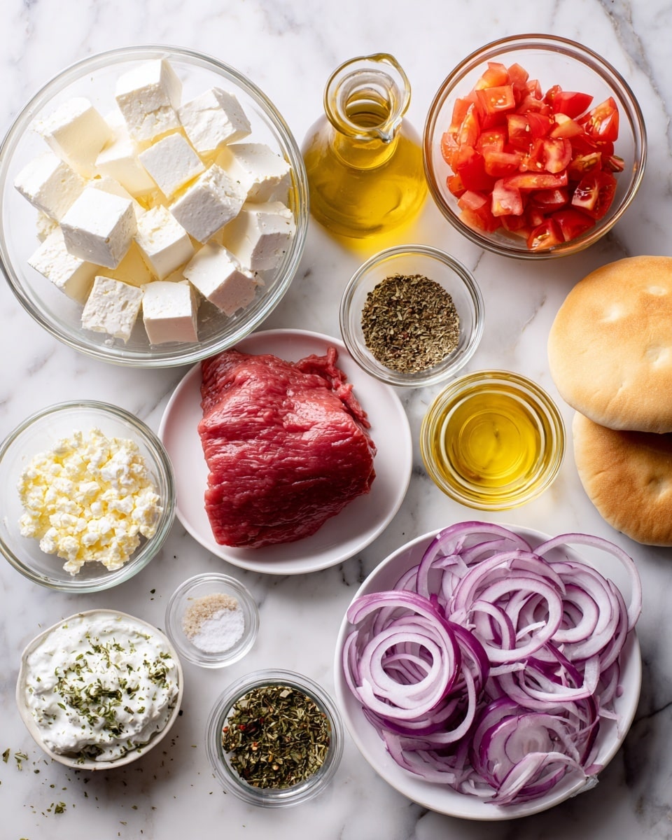The image shows several small clear glass bowls and one white plate arranged on a white marbled surface. There is a bowl of white feta cheese cubes, a small bowl of bright red diced tomatoes, and another bowl holding a shiny yellow olive oil. A small clear bowl contains a light creamy mixture of plain Greek yogurt, and another tiny bowl holds minced garlic with a pale beige color. A white plate holds a raw beef flank steak with a deep red color and smooth texture. Thinly sliced red onions with purple and white rings are in one bowl, while a small bowl of lemon juice shows a pale yellow liquid. There are small portions of dried oregano, salt, and black pepper in tiny clear bowls, as well as a bowl of white tzatziki sauce speckled with green herbs. Another bowl holds red wine vinegar with a translucent red color, and pita bread rounds with a pale beige color sit on the side. The woman's hand is not in the image. photo taken with an iphone --ar 4:5 --v 7