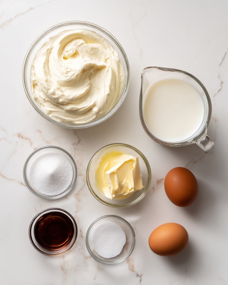 The image shows six ingredients arranged neatly on a white marbled surface. In the top left, there is a clear glass bowl filled with creamy white sourdough discard. To its right, a clear glass measuring cup holds white whole milk, nearly full. Below the sourdough discard, there is a small clear bowl with light yellow melted butter. Next to the butter, a small clear bowl contains white granulated sugar. Below the sugar, a tiny clear bowl holds dark brown vanilla extract. Finally, two brown eggs sit side by side on the right. Each ingredient has a simple black label with white background placed above or beside it. Photo taken with an iphone --ar 4:5 --v 7