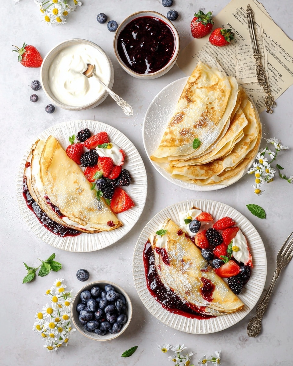 The image shows thin golden crepes with light brown spots, folded in half and filled with layers of white cream and dark red berry jam, arranged on two white round plates with lightly ridged edges. Each plate has three crepes partly overlapping, dusted with powdered sugar. Fresh mixed berries—red strawberries, dark blackberries, and blue blueberries—garnish the plates. A third white plate holds six plain folded crepes stacked in a fan shape above old recipe book pages. Nearby, a small white bowl of white yogurt and another white bowl filled with a dark red berry sauce with a silver spoon are placed on a white marbled surface. Scattered blueberries, small white chamomile flowers, green mint leaves, and two silver forks complete the scene, with soft natural light highlighting the textures. Photo taken with an iphone --ar 4:5 --v 7