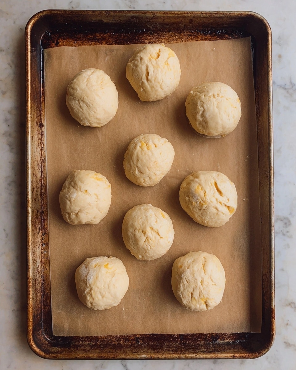 The image shows a metal baking tray with eight round dough balls placed on a sheet of brown parchment paper. The dough balls are light beige in color with a slightly shiny and smooth surface, some showing small cracks and uneven textures. The tray has dark brown and rusty spots, indicating frequent use, and the background is a white marbled surface. photo taken with an iphone --ar 4:5 --v 7