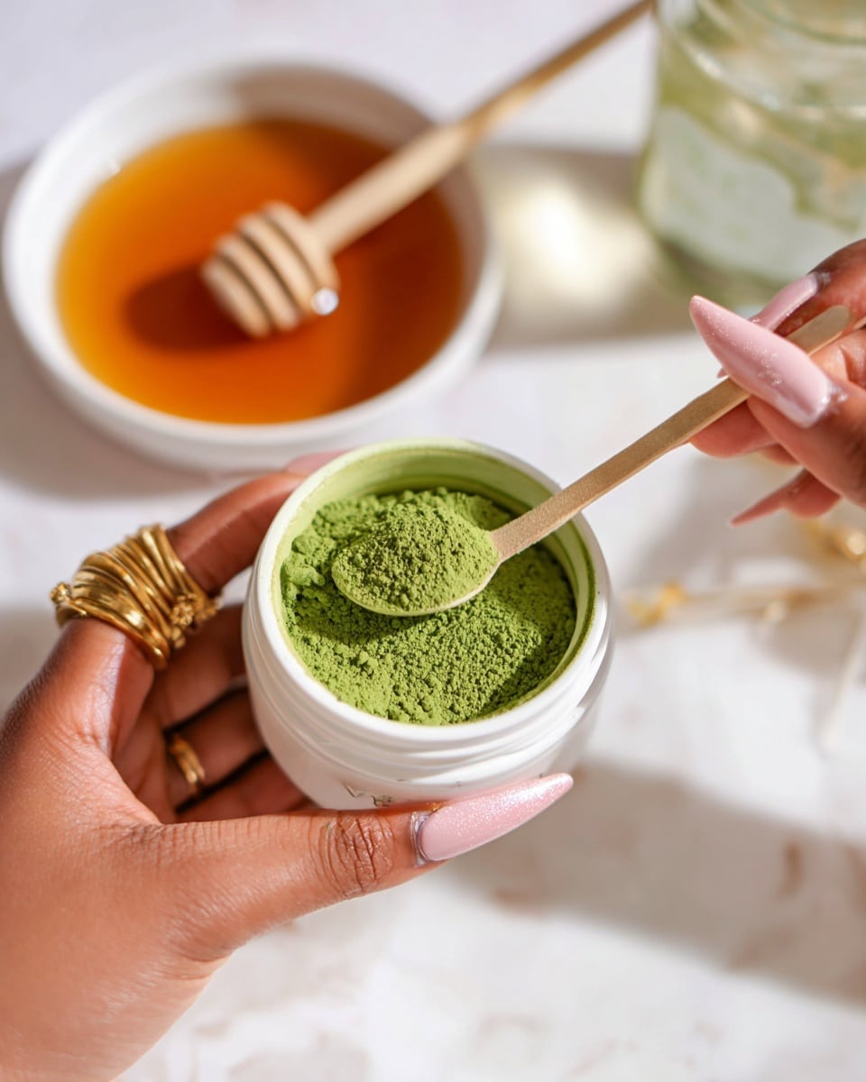 A woman's hand with long, shiny pink nails and gold rings is holding a small white jar filled with fine, bright green powder. A light wooden stick is dipped into the powder inside the jar. Below the jar, there is a clear glass pitcher. On the white marbled surface, there is a white bowl with amber-colored honey and a wooden honey dipper resting inside it, slightly blurred in the background. The image has a soft, bright light with a shallow depth showing clear details on the jar and woman's hand. photo taken with an iphone --ar 4:5 --v 7
