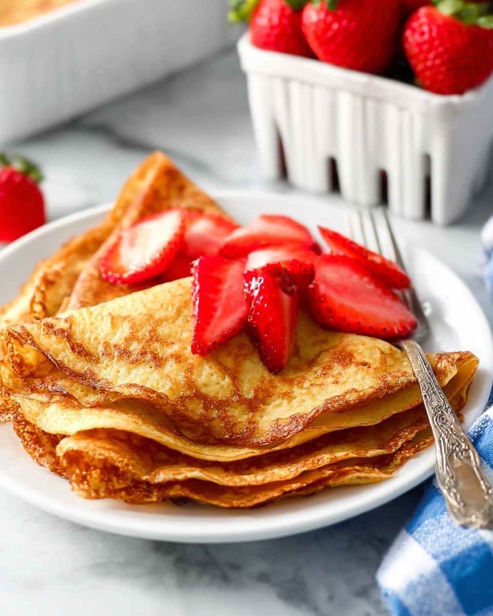 A white plate holds a stack of five golden brown crepes, folded in quarters, with a slightly crispy texture on the edges and soft, smooth surfaces inside. On top of the crepes and around the sides, bright red sliced strawberries are placed, adding a fresh, juicy contrast to the warm crepes. In the background, there is a white container filled with whole strawberries and a blurred white marbled surface beneath everything. A vintage silver fork lies next to the crepes on the plate. A blue and white checkered cloth is partially visible in the foreground. Photo taken with an iphone --ar 4:5 --v 7