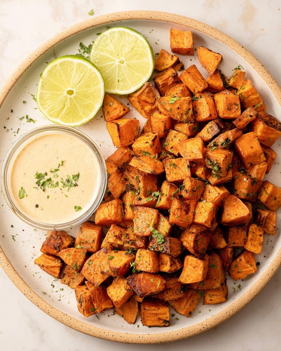 A white round plate with a beige speckled rim holds a large pile of small, evenly diced roasted sweet potato cubes colored a warm orange with some darker browned edges, sprinkled with chopped green herbs. To the left of the sweet potatoes are two bright yellow lime wedges with green rinds, placed near a small transparent glass bowl filled with a creamy, light beige dipping sauce with a few small green herb bits on top. The plate sits on a white marbled textured surface. Photo taken with an iphone --ar 4:5 --v 7