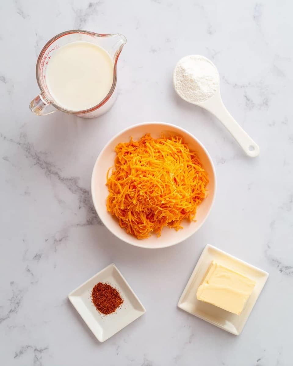 The image shows five ingredients arranged on a white marbled surface. In the center is a white bowl filled with bright orange shredded cheese, piled high. Above and to the left is a glass measuring cup with creamy white liquid inside. Above and to the right is a white measuring spoon filled with white powder. Below and to the left is a small white square dish with a reddish-brown spice. Below and to the right is another small white square dish holding a pale yellow chunk of butter. The photo taken with an iphone --ar 4:5 --v 7