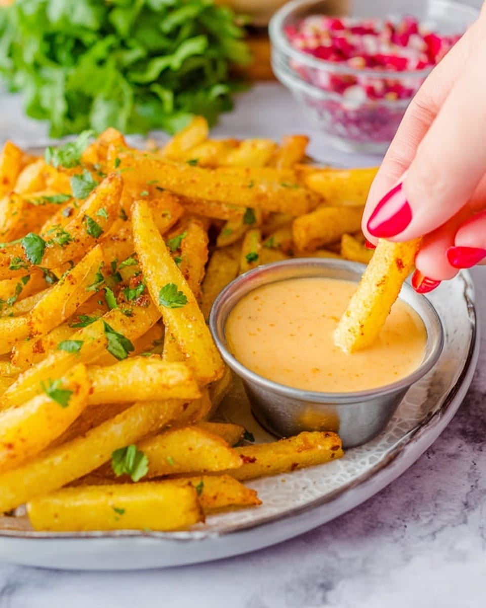 A plate with golden yellow seasoned fries piled on one side, showing a crispy texture with a few darker spice spots. A small silver cup filled with creamy light orange dipping sauce is placed on the right side of the plate. A woman's hand with red nail polish is holding one fry, dipping it into the sauce. In the blurred background, there is a bunch of green herbs and a glass bowl with finely chopped red pieces on a white marbled surface. Photo taken with an iphone --ar 4:5 --v 7