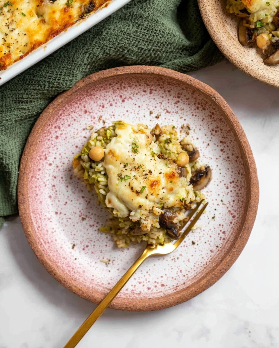 The image shows a serving of a layered dish on a round, white plate with pink speckles. The dish has three visible layers: a base of greenish rice mixed with chickpeas and mushrooms scattered throughout, a middle layer of creamy melted cheese that covers part of the top, and some sprinkled seasoning adding texture on the surface. A gold-colored fork stands upright on the plate on the left side of the food. The plate is placed on a white marbled surface, next to a green cloth, and in the top left corner, part of a white baking dish filled with the same layered dish with a bubbly melted cheese top is visible. photo taken with an iphone --ar 4:5 --v 7