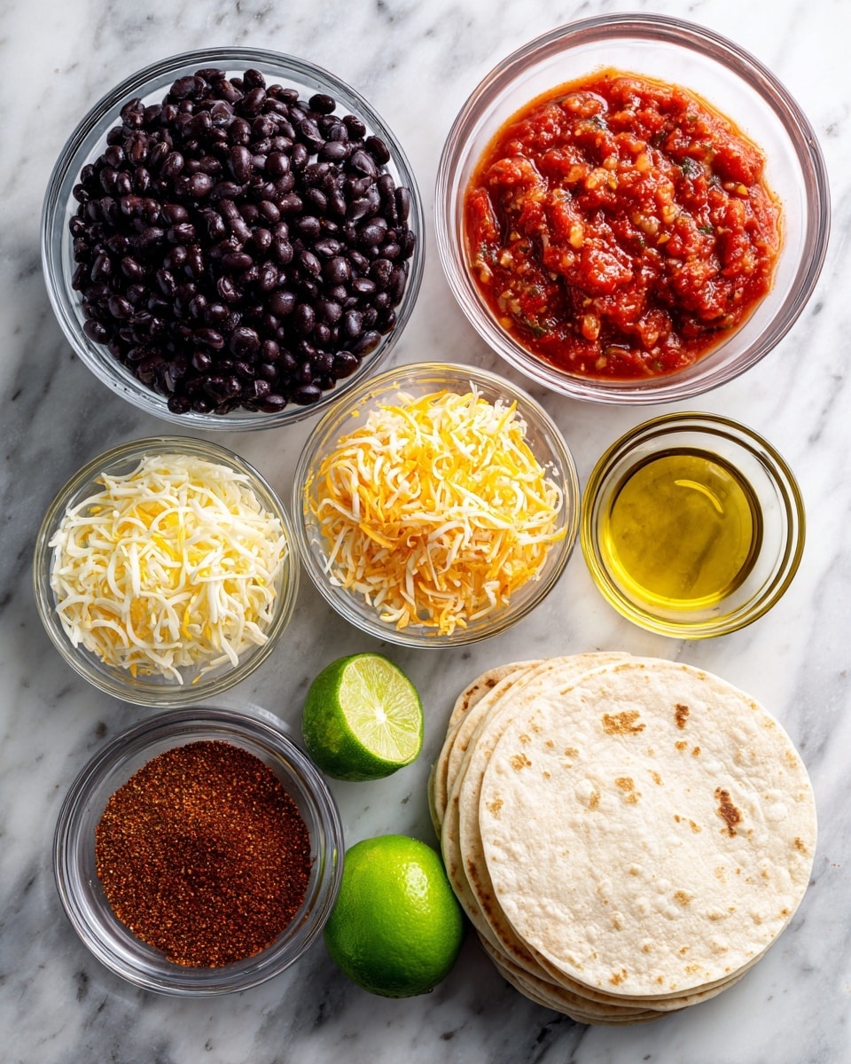 A top view of seven clear glass bowls arranged on a white marbled surface, each filled with different simple taco ingredients: one bowl holds dark black beans, another contains a bright red salsa with visible small tomato pieces, a bowl is filled with a mix of shredded yellow and white Mexican cheese, and a smaller bowl has a red-brown taco seasoning powder. Nearby, there is a small bowl with golden olive oil. On the surface, three pale corn tortillas are stacked in the center. A whole green lime adds a fresh pop of color next to the tortillas. Each item is clearly separated, showing the different colors and textures for easy identification. Photo taken with an iphone --ar 4:5 --v 7