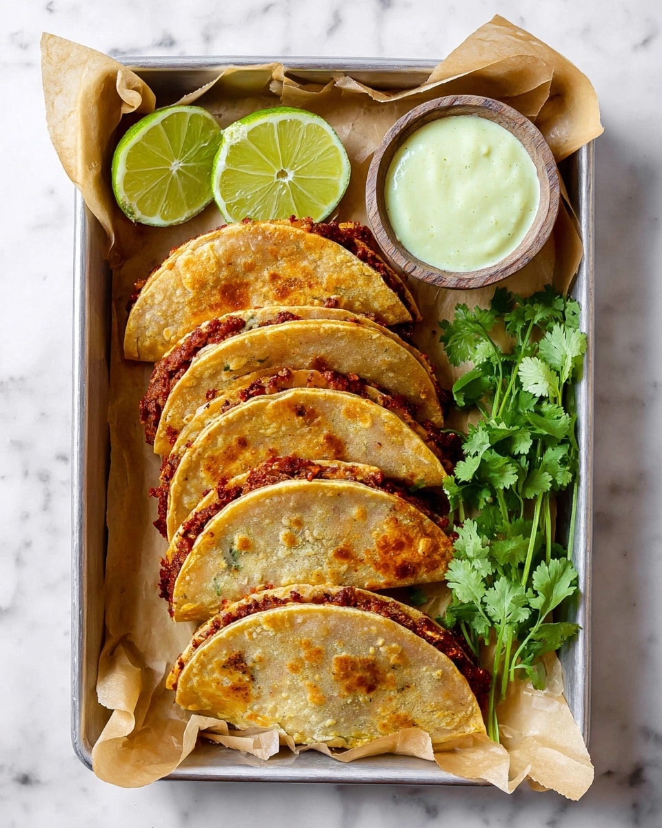 The image shows five curved tacos arranged in a row on brown parchment paper inside a shallow metal tray. Each taco has a crispy golden-brown outer shell with darker edges and visible texture from frying. One taco is dipped halfway into a small bowl of smooth, pale green creamy sauce with specks of herbs. In front of the tacos are two lime wedges—one whole and one partially squeezed—showing a juicy, glossy inside with a bright green rind. To the side, fresh green cilantro leaves are partly wrapped in parchment paper, adding a fresh touch. The whole setup sits on a white marbled surface. photo taken with an iphone --ar 4:5 --v 7