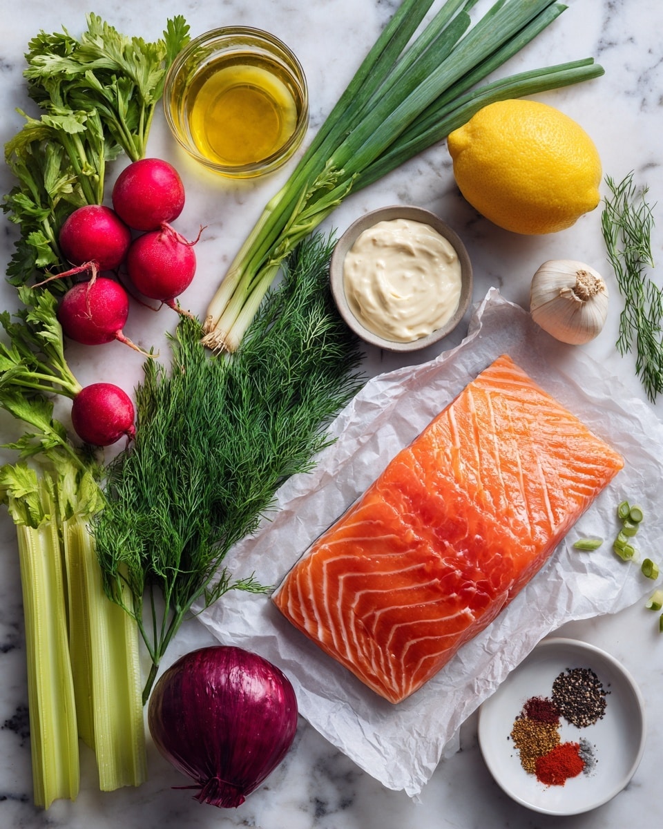 The image shows a variety of fresh ingredients arranged neatly on a white marbled surface. There is a large, smooth salmon fillet with a bright orange color and visible lines of fat placed on white parchment paper towards the right. Near the salmon, there is a whole yellow lemon with a shiny skin and a small glass container filled with golden olive oil. To the left of the salmon, several fresh vegetables and herbs are spread out: bright red radishes with green leaves, long green celery stalks, dark green dill fronds, chives, and a round, deep purple-red onion. Small bowls positioned near the center hold white mayo, a creamy beige Dijon mustard, and a white plate with a mix of black and red seasoning powders. A clove of raw garlic sits near the mustard. The ingredients are clean, fresh, and vibrant against the white marbled surface, neatly spaced in an organized, fresh food display. Photo taken with an iphone --ar 4:5 --v 7