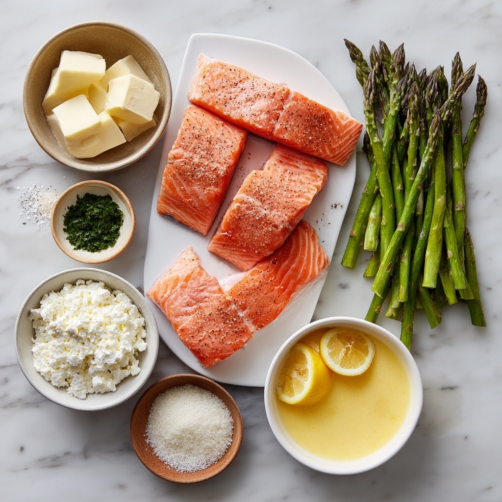 The image shows three salmon rolls placed side by side on a white rectangular plate. Each roll is made with a pink-orange layer of cooked salmon wrapped around a filling of green asparagus and white creamy cheese mixed with herbs. The salmon skin side is slightly browned and caramelized, and bright green chopped herbs are sprinkled on top of each roll. A thin yellow lemon slice sits on the top edge of each salmon roll. The plate rests on a white marbled surface and there is a light sauce pooling slightly underneath the rolls. photo taken with an iphone --ar 4:5 --v 7