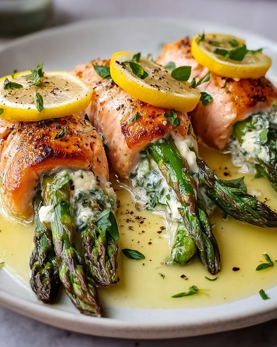 On a white plate with a white marbled surface underneath, there are three pieces of cooked salmon rolled around green asparagus spears and white creamy cheese mixed with green herbs. Each salmon roll is golden brown with a slight crispy texture on the outside, topped with a thin lemon slice and sprinkled with small green herb leaves and black pepper. The asparagus stems stick out from one end of the salmon rolls, looking tender and slightly charred. A light yellow sauce surrounds the salmon, adding a glossy finish to the dish. The overall look is warm, fresh, and inviting. photo taken with an iphone --ar 4:5 --v 7
