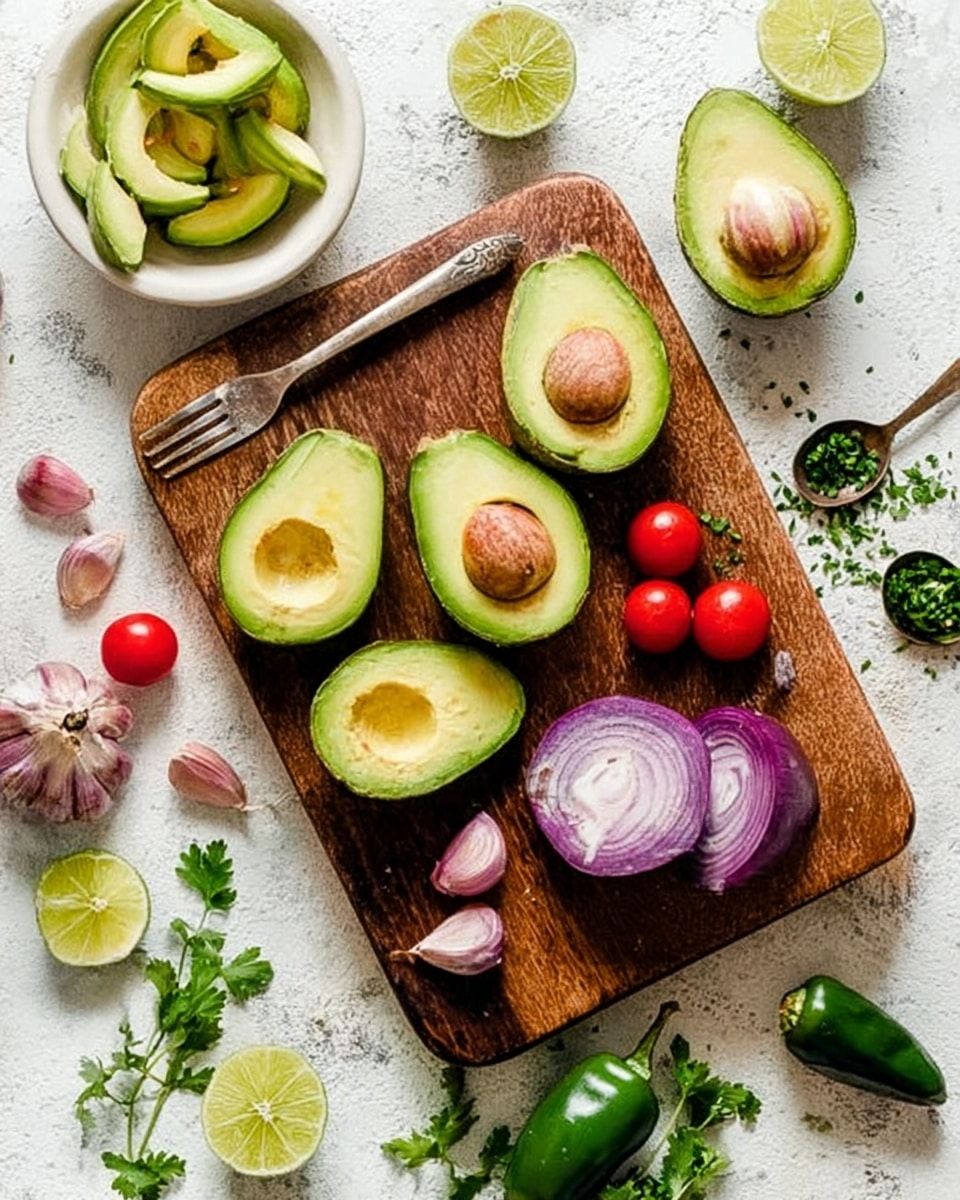 The image shows a wooden cutting board on a white marbled surface. On the board, there are several halved avocados with bright green flesh and brown seeds, a halved red onion with purple layers, and a few cloves of garlic with pale pink skins. Around the board, there are small red cherry tomatoes, two whole green jalapeño peppers, and halved limes showing their juicy, light green insides. Fresh green parsley leaves are scattered over the scene. To the upper left, a white bowl holds avocado slices with a silver fork resting inside. A half avocado shell sits near the top center of the board. A silver spoon with a few parsley pieces lies on the right side of the board. Photo taken with an iphone --ar 4:5 --v 7