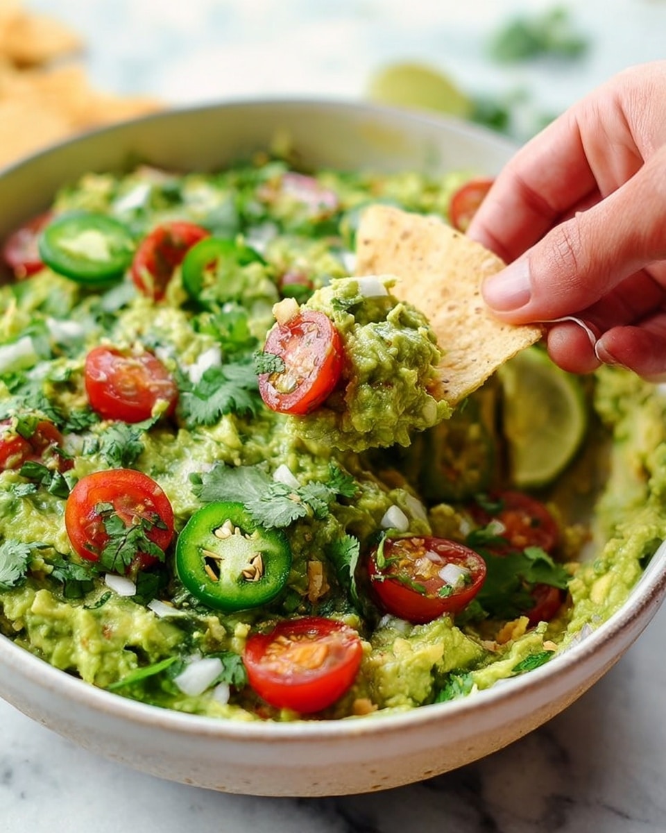 A white bowl filled with fresh green guacamole layered with bright red cherry tomato slices, thin round slices of green jalapeño, and finely chopped green cilantro scattered on top. Visible bits of white onion are mixed within the guacamole, adding texture and color contrast. A woman's hand is dipping a light beige, slightly curved tortilla chip into the guacamole, picking up a generous scoop with pieces of tomato and jalapeño sticking to it. The background surface is white with a subtle marble texture, creating a clean and fresh look. photo taken with an iphone --ar 4:5 --v 7