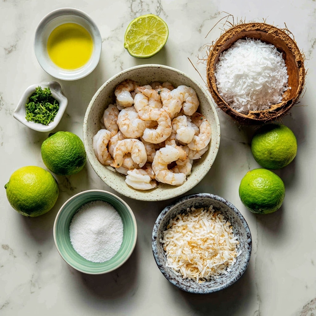 The image shows a close-up of a shrimp dish with a creamy white sauce. In the center, a spoon holds one shrimp covered with the thick sauce that has small green herbs and bits of toasted brown toppings mixed in. The shrimp is pink with its tail on and has a slightly glossy texture. Around the shrimp, the sauce looks smooth and rich with green cilantro leaves and black pepper bits scattered. A wedge of lime is partly visible in the background, adding a hint of bright green color. The dish is placed on a white marbled surface. Photo taken with an iphone --ar 4:5 --v 7