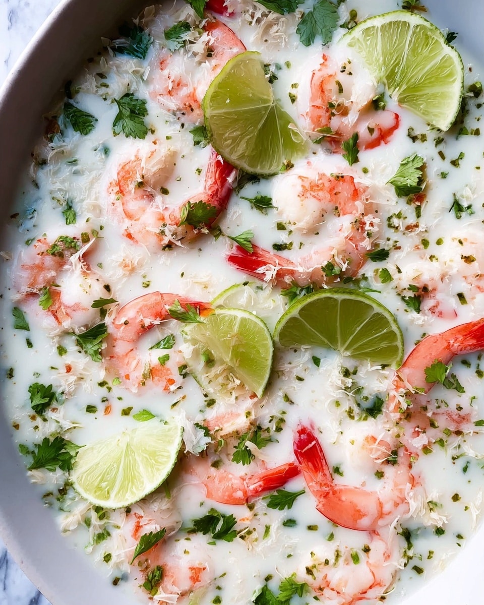 A white bowl filled with a creamy white sauce that looks smooth and slightly thick. Inside the sauce, there are several pink and white cooked shrimp placed evenly around the bowl, some slightly overlapping. Bright green lime wedges and small green leaf pieces are scattered on top of the shrimp and sauce, adding color contrast. There are also small bits of light brown toasted flakes sprinkled over everything. The bowl sits on a woven mat on a white marbled surface, with some fresh green herbs visible in the background. Photo taken with an iphone --ar 4:5 --v 7
