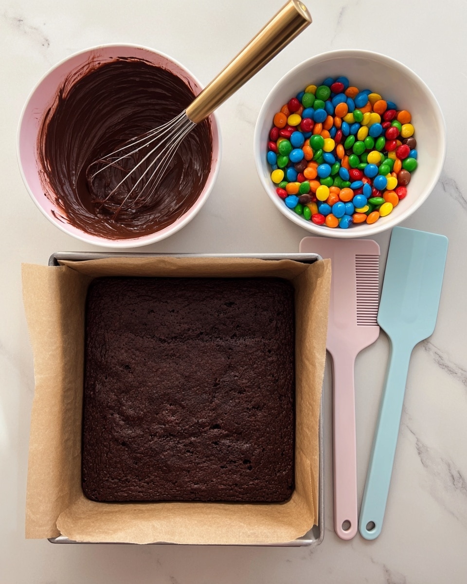 A shiny metal square pan lined with light brown parchment paper holds one thick, dark brown chocolate cake with a slightly rough and uneven texture on top. Above it on the left side, there is a white bowl with a soft pink inside, filled with smooth, glossy dark chocolate frosting being mixed by a metal whisk with a golden handle. To the right of the bowl, a smaller white bowl contains colorful candy-coated chocolates in blue, green, orange, yellow, and red. On the right side of the pan, two smooth spatulas lie side by side on a white marbled surface, one pale pink and the other light blue, with comb-shaped edges. photo taken with an iphone --ar 4:5 --v 7