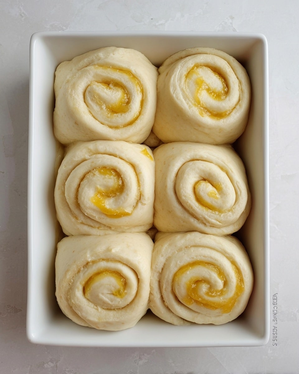 The image shows six uncooked dough rolls placed neatly in a white rectangular dish. Each roll is softly spiraled with a light beige dough that has small air bubbles, and a glossy yellow filling spirals through the middle of each roll, creating a bright contrast against the dough. The rolls are touching each other gently, filling the dish fully in two rows of three. The dish rests on a white marbled surface, creating a clean and simple background photo taken with an iphone --ar 4:5 --v 7