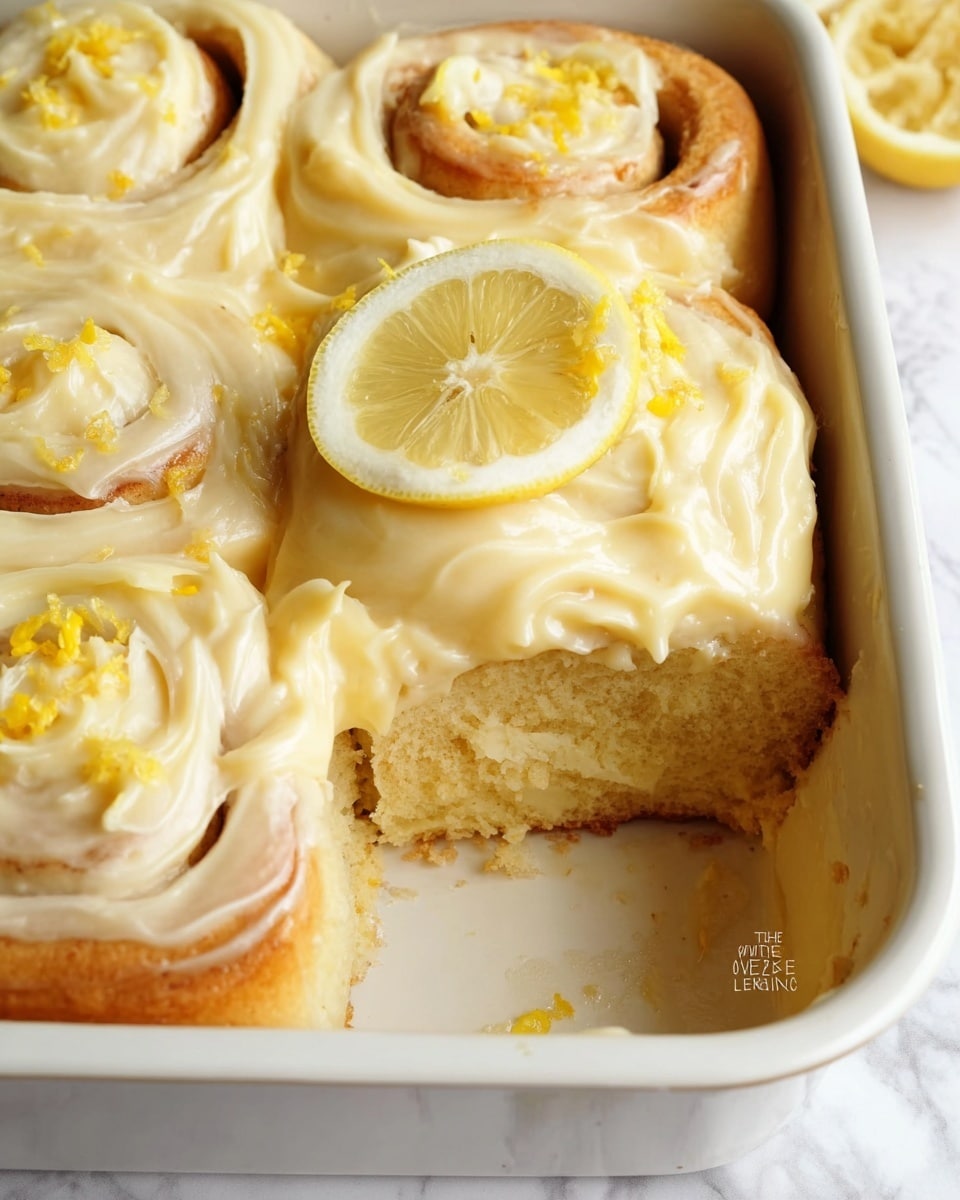 The image shows a white rectangular pan with lemon rolls inside. One roll is missing, showing a soft, thick, light golden brown dough base with a smooth, creamy pale yellow frosting layer on top. The frosting is swirled and spread thickly, with small bits of grated lemon zest sprinkled over it. A slice of lemon with bright yellow rind and pale yellow flesh sits on top of the frosting. The pan is on a white marbled surface. photo taken with an iphone --ar 4:5 --v 7
