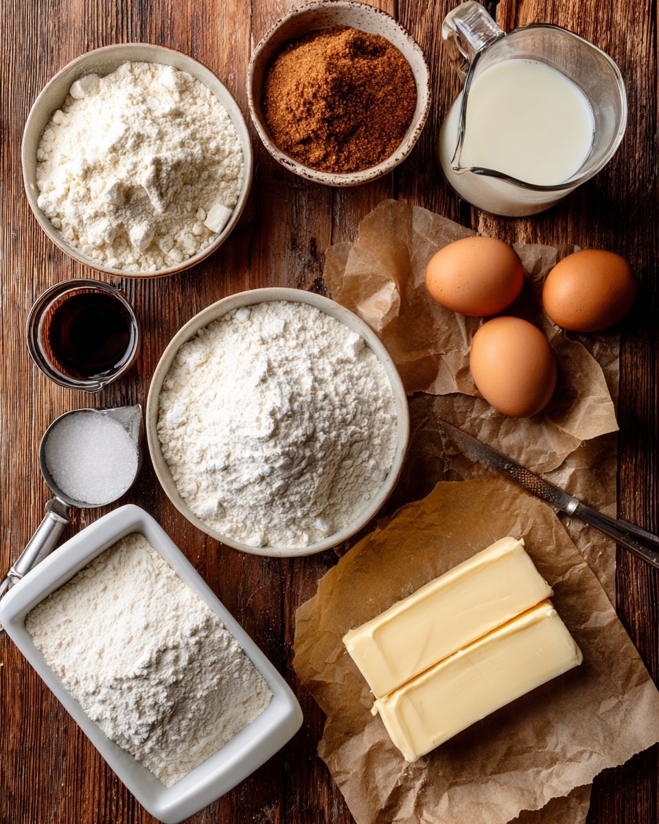 The image shows an overhead view of several baking ingredients arranged neatly on a dark wooden surface with a white marbled texture in the background. There is a white bowl filled with all purpose flour positioned at the top left, next to a clear glass measuring cup of milk at the top right. Two brown eggs lie side by side slightly below the milk. A small clear bowl with white sugar is centered in the middle, and to the right, a white bowl contains brown sugar, cinnamon, and flour mixed together. Below the sugar bowl, two sticks of butter rest on a piece of parchment paper. On the bottom left, a clear container holds baking powder, and a metal measuring cup contains sourdough discard. A small glass bowl with vanilla extract is placed to the left of the butter. All items are labeled with white text boxes. photo taken with an iphone --ar 4:5 --v 7