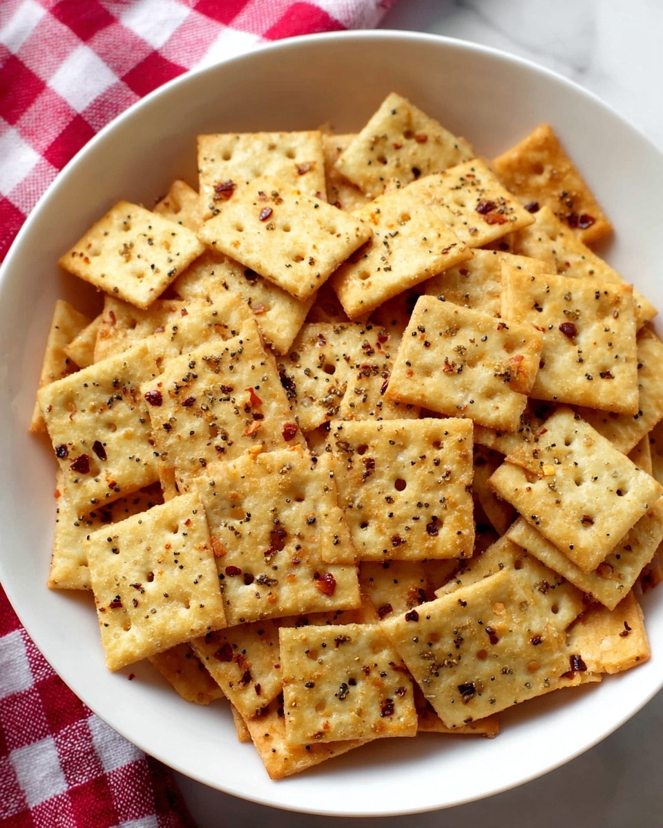 A white bowl filled with many square crackers, lightly toasted with golden brown spots on each cracker. The crackers have small holes and are sprinkled unevenly with dark red chili flakes and black pepper. The bowl is set on a white marbled surface, with a red and white checkered cloth partially visible in the background photo taken with an iphone --ar 4:5 --v 7