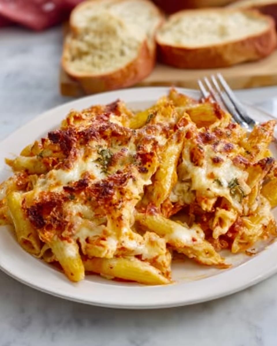 A white plate filled with baked penne pasta covered in melted cheese, with visible bits of browned, crispy cheese on top. The pasta is golden yellow with some tomato sauce peeking through, and you can see small pieces of herbs mixed in. In the background, there are slices of crusty bread on the white marbled surface. The whole scene looks warm and inviting. photo taken with an iphone --ar 4:5 --v 7