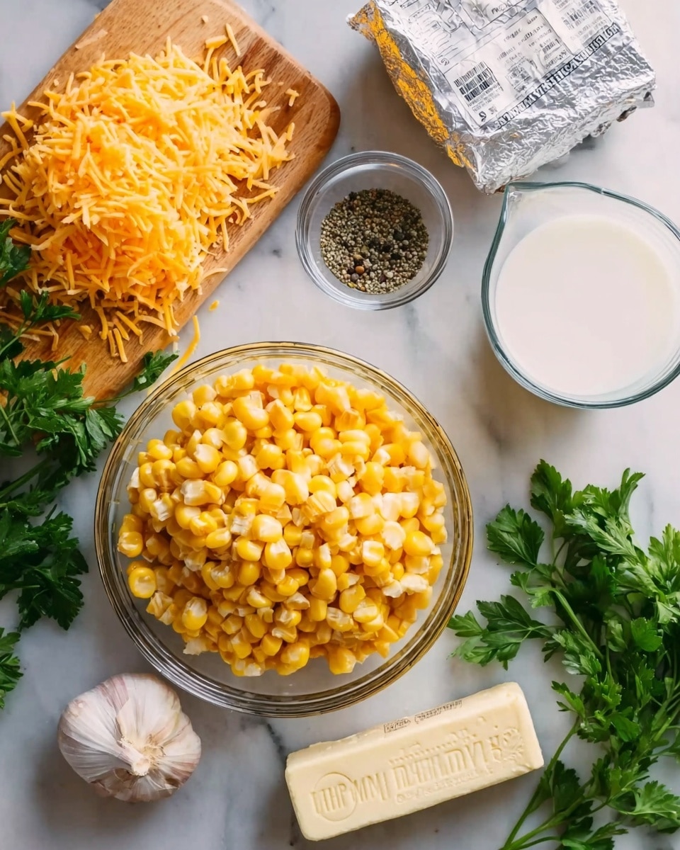 The image shows a clear glass bowl filled with bright yellow corn kernels placed centrally on a white marbled surface. Surrounding the bowl are scattered fresh green parsley leaves and a wooden board on the left side holding finely shredded orange cheese. Above the bowl, there is a block of soft cream cheese partially wrapped in silver foil, a small clear bowl filled with black pepper seeds, a clear measuring cup with white milk, and a stick of pale yellow butter with printed text on the wrapper. On the left, there is also a peeled garlic bulb resting directly on the marbled surface. Photo taken with an iphone --ar 4:5 --v 7