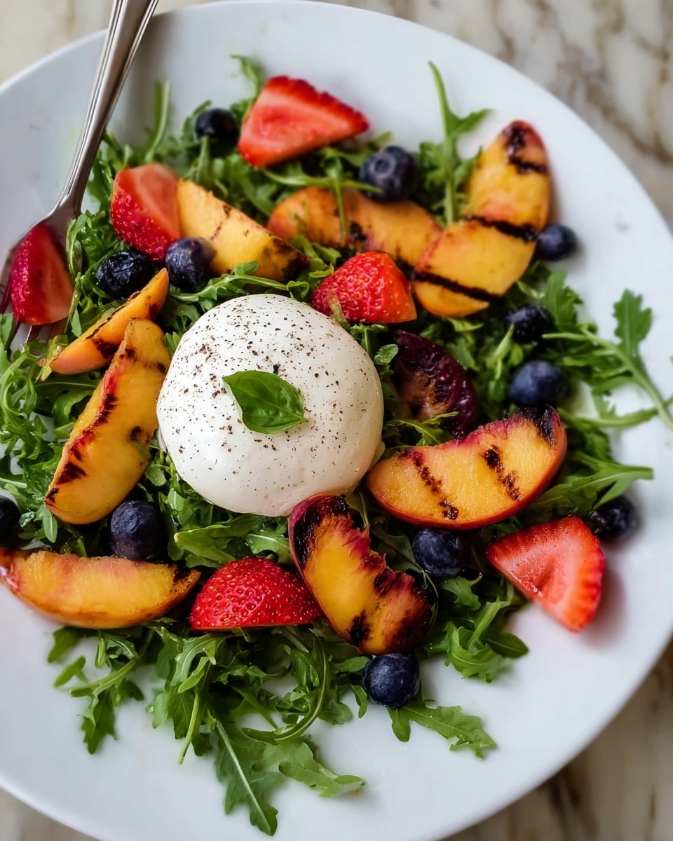 A white plate sits on a white marbled surface, holding a fresh salad with multiple layers. The bottom layer is a bed of bright green leafy arugula. On top, there are several slices of grilled peach, showing orange-yellow flesh with red skin and dark grill marks. Mixed in are halved red strawberries with visible seeds and whole dark blueberries. The salad is topped with a smooth round ball of white burrata cheese, sprinkled lightly with black pepper and garnished with a small green basil leaf. In the background, a blurred fork and clear glass of water add depth to the scene. Photo taken with an iphone --ar 4:5 --v 7