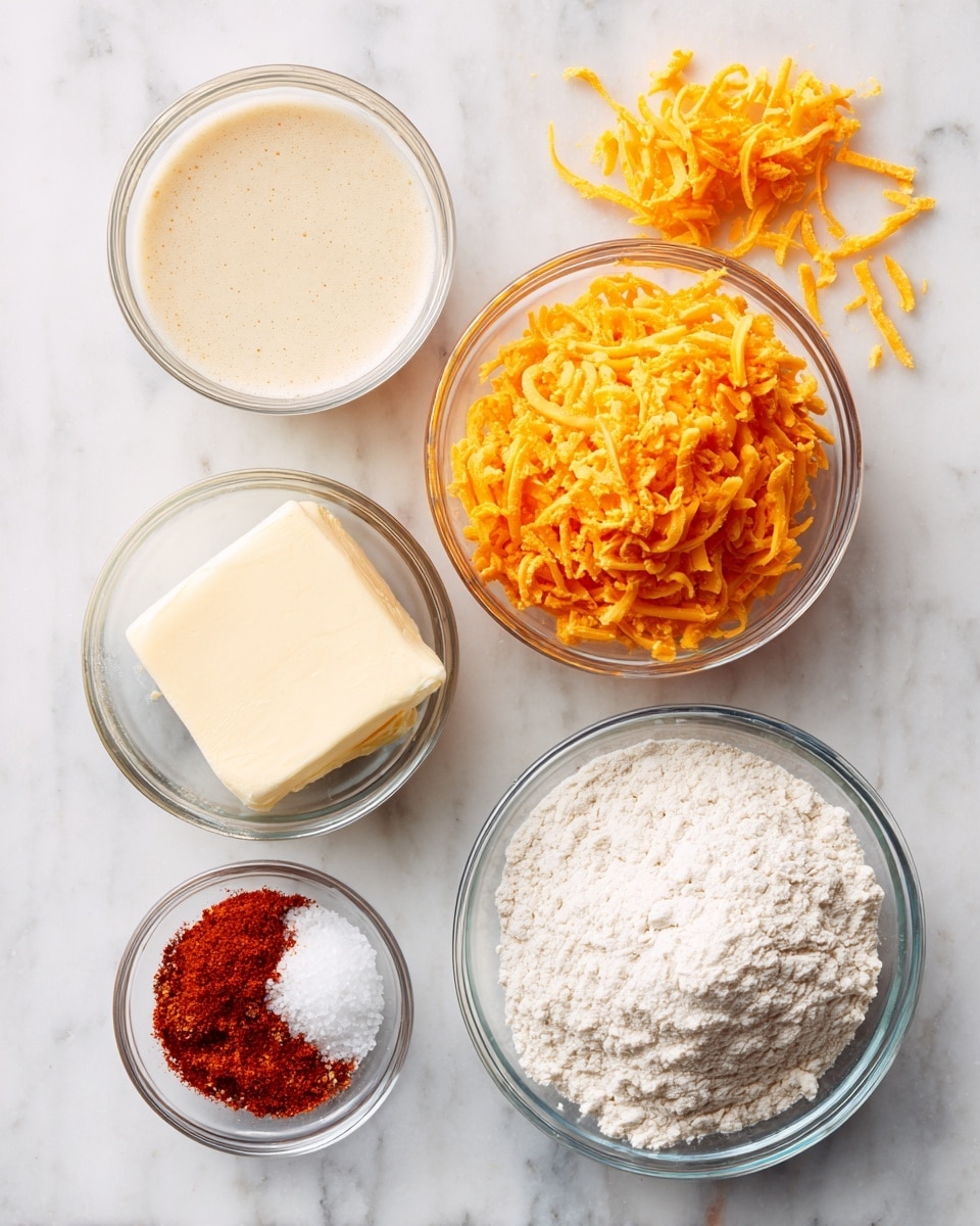 The image shows five small clear glass bowls arranged on a white marbled surface. At the center right is a bowl filled with bright orange shredded cheddar cheese. Above it and to the left is a bowl with light beige evaporated milk. Below the cheese bowl, slightly to the right, is a bowl filled with white flour. Below and to the left of the flour, another bowl holds a pale yellow tab of butter. Above the butter and below the milk, a small bowl contains a mix of red paprika powder and white salt. Some shredded cheese is scattered near the top right corner of the image. Photo taken with an iphone --ar 4:5 --v 7
