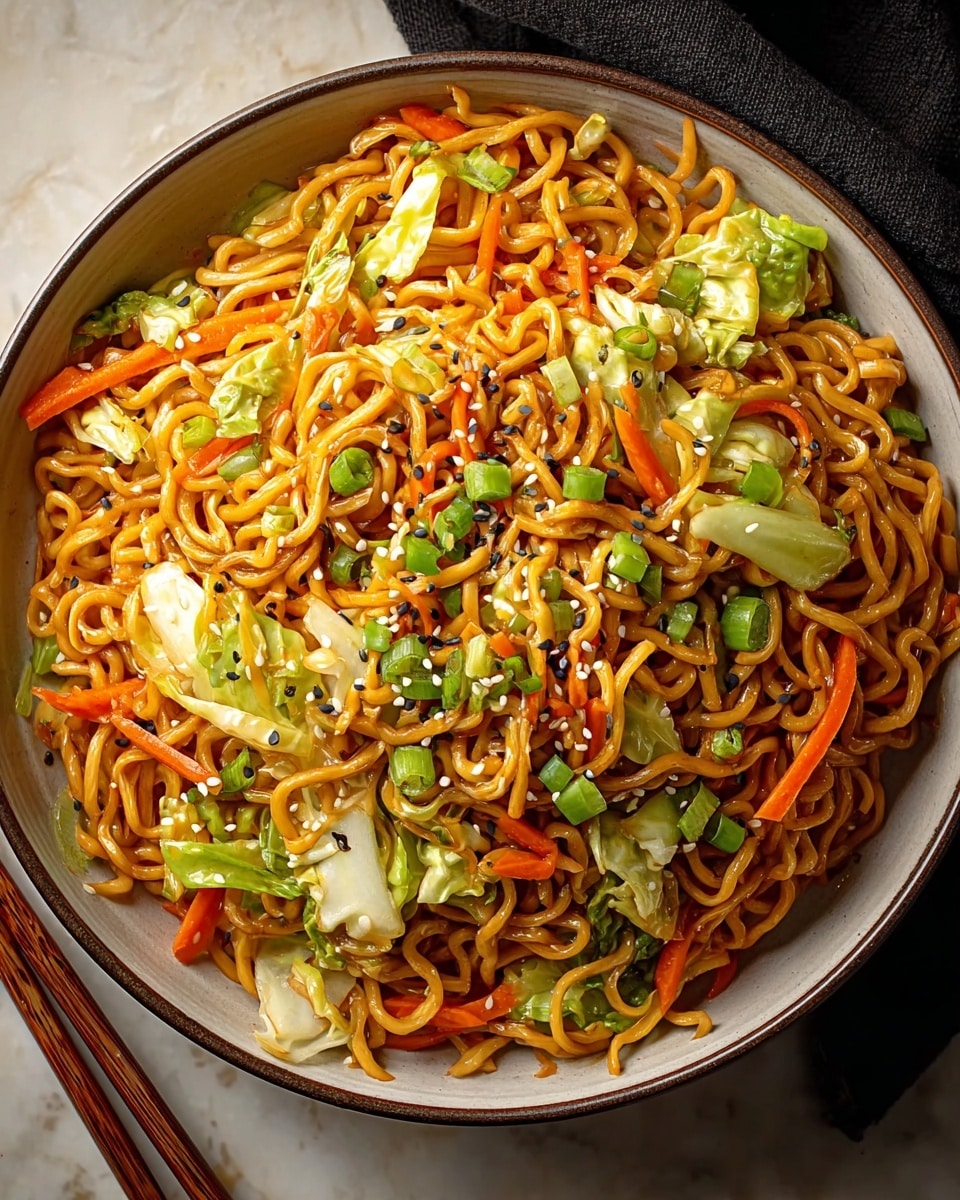 The dish shows a large round white bowl filled with three layers: the bottom layer is glossy, tightly curled golden-brown noodles, the middle layer includes bright orange carrot sticks and fresh light green cabbage pieces, and the top layer has small chopped green onions scattered evenly with light sesame seeds sprinkled over all. The bowl sits on a white marbled surface with wooden chopsticks placed beside it. The dish looks warm and fresh with a mix of smooth and crunchy textures photo taken with an iphone --ar 4:5 --v 7